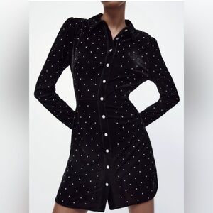 ZARA Black Velvet Rhinestone Shirt Dress